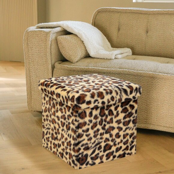 Go-Poufs Knock-Down Medium Cube Faux Fur Storage Ottoman | Leopard | 15"x15"x15 - Picture 5 of 6